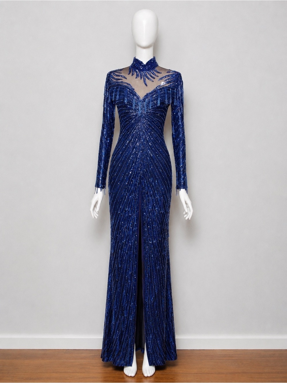 Vintage Lillie Rubin Embellished Cobalt Blue Silk Gown Size 4